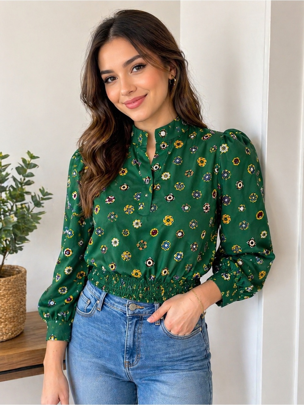 Koret Green Floral Smocked-Hem Long Sleeve Blouse